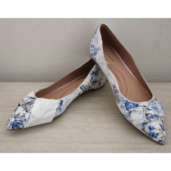 Cole Haan W29290 Women's Sz 8.5B Peacock Blue Print Bellport Bow Skimmer Flats - Picture 1 of 10